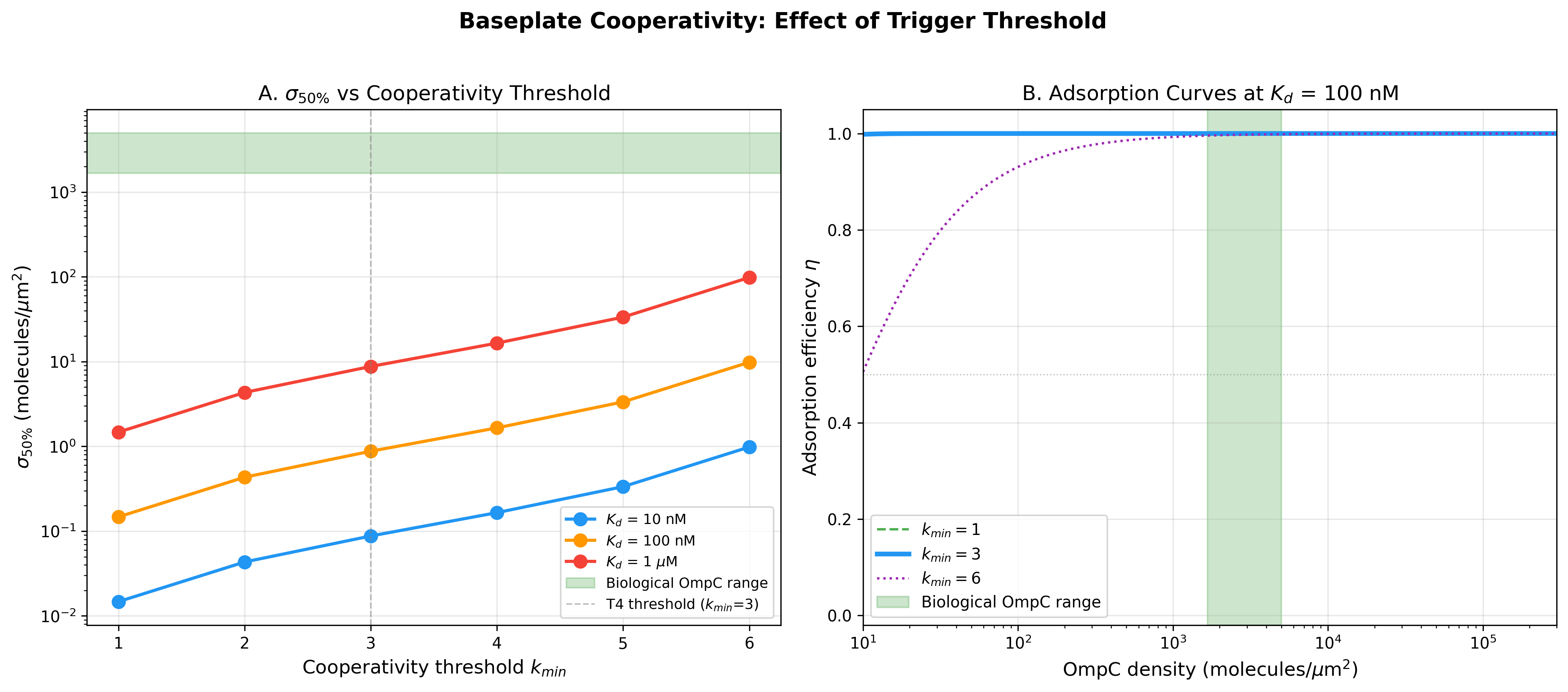 Baseplate cooperativity analysis: sigma_50 vs k_min threshold and adsorption curves