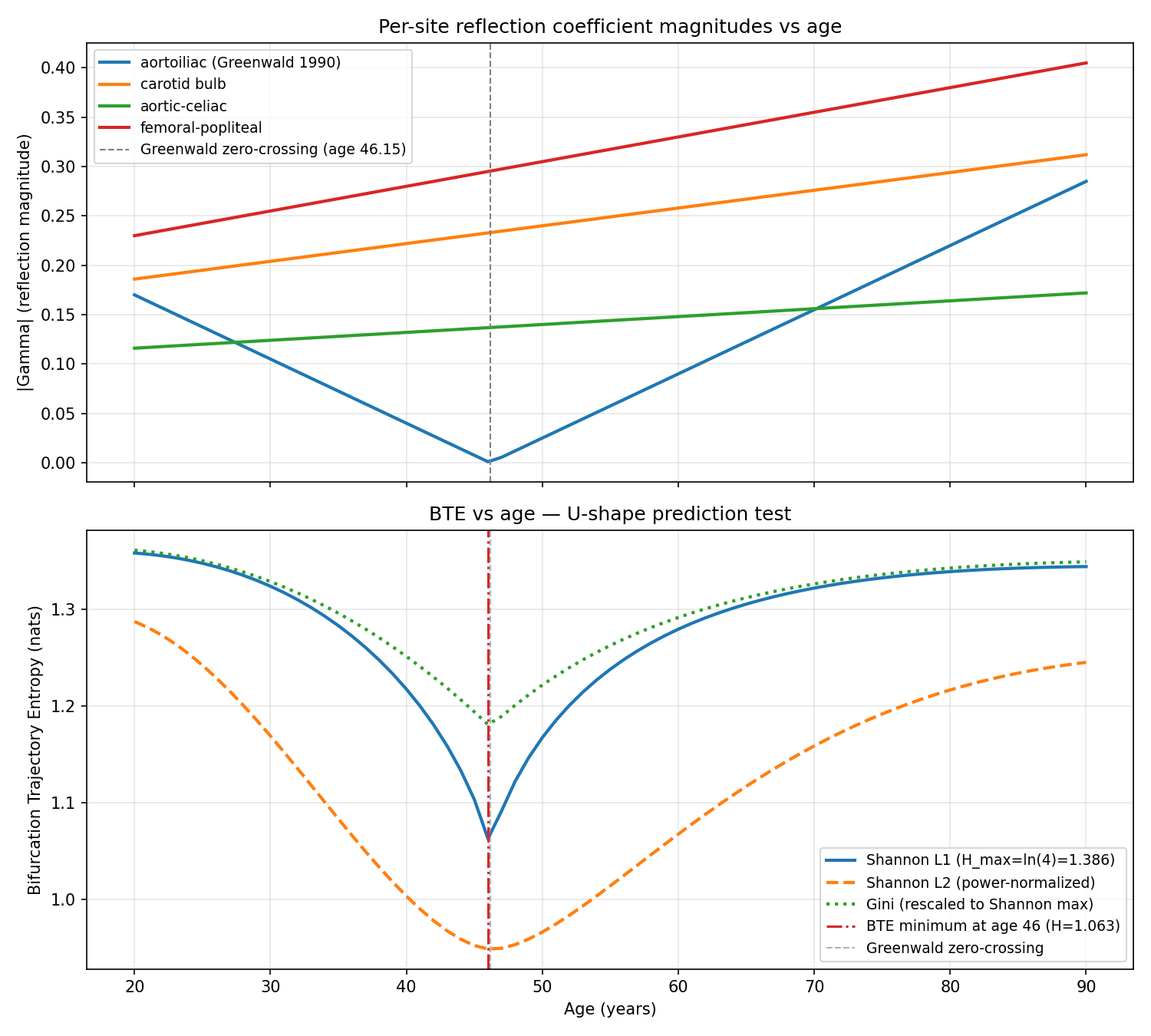 Top: per-site reflection coefficient magnitudes vs age. Aortoiliac (Greenwald 1990) has V-shaped |Gamma| with zero-crossing at age 46.15; other 3 sites rise monotonically. Bottom: BTE(age) under Shannon L1, Shannon L2, and Gini normalizations. All three show midlife minimum at age 46. Shannon L1 maximum is ln(4)=1.386; minimum is 1.063 (23% reduction).